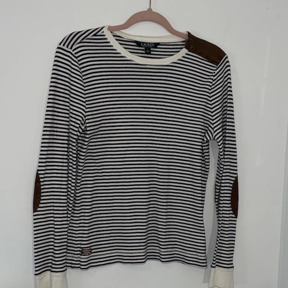 Lauren Ralph Lauren Women’s Black White Striped Long Sleeve Top L Archery Style